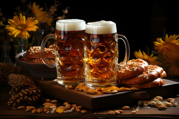 Oktoberfest beer mugs and pretzels on a wooden table, dark cozy background.