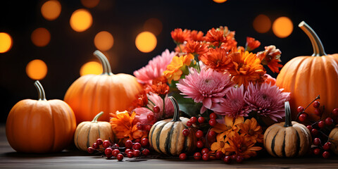 Festive autumn decoration with pumpkins, flowers and fall leaves. Thanksgiving day or Halloween...