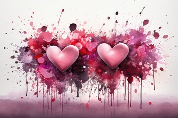Two pink hearts with lipstick texture on a background of watercolor splashes, stains and drops, card