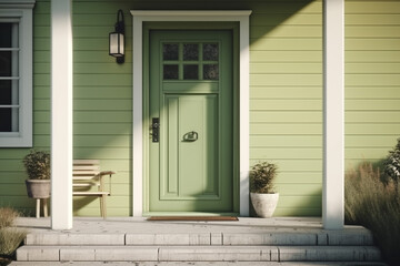 Fototapeta na wymiar Entrance of Green-Colored Model House 3d Render