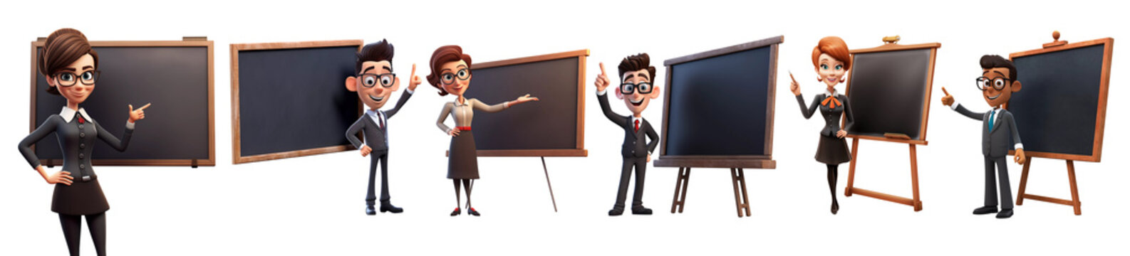 Set of Cartoon Teachers Standing in Front of Blackboard