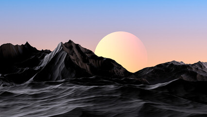 Abstract fantasy landscape. Planet on the horizon of a mountainous, rocky area. 3D render © Binkontan