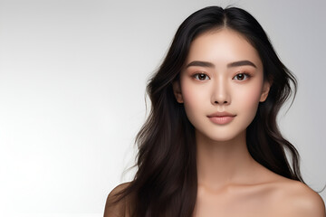 Fototapeta premium asian girl with long dark hair, close-up portrait. female person with natural makeup.