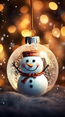 A festive snowman ornament hanging from a beautifully decorated Christmas tree