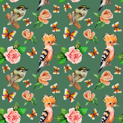 seamless pattern with hand draw roses and birds