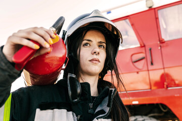 Brave female firefighter carrying fire extinguisher