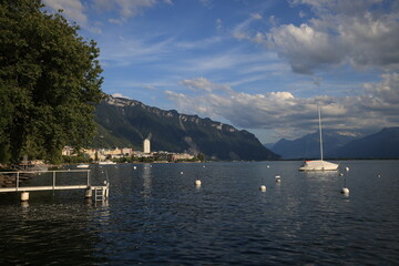 Switzerland, Montreux, Lake Geneva and boats