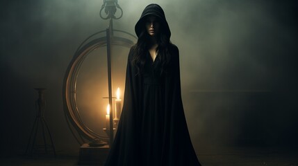 
A beautiful girl in the style of a witch in Gothic clothes with a staff against the background of the moon and candles. Night of the Witch or All Hallows' Eve. Concept: coven, mysticism, game charact