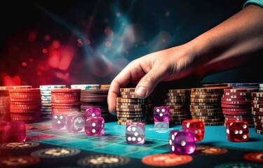 person pouring two dice at casino table with gambling chips Generative AI