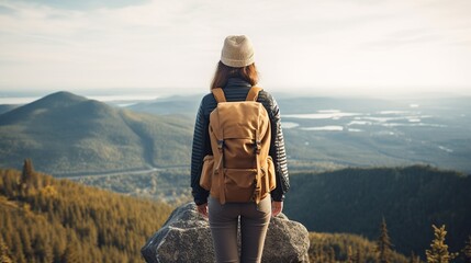Fototapeta na wymiar back view a woman on the top of a mountain enjoying nature