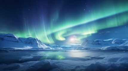 Naklejka premium A stunning aurora borealis dancing over a frozen lake in vibrant green and purple hues