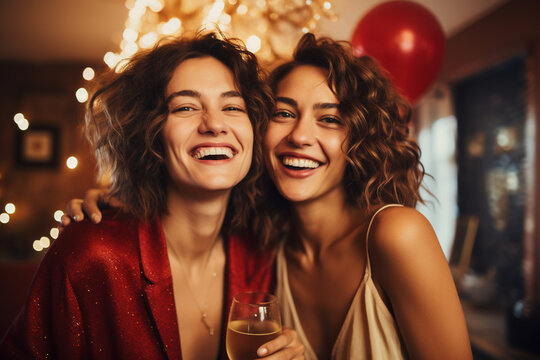 Portrait Of Happy Beautiful Young Women Celebrating Christmas