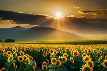 Obraz premium field of sunflowers and sun