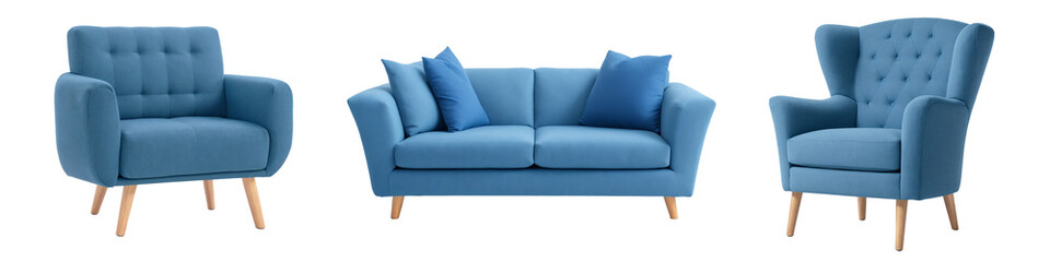 Set of blue cushion sofa, armchair isolated, sofa collection, minimalist interior design concept, generative AI
