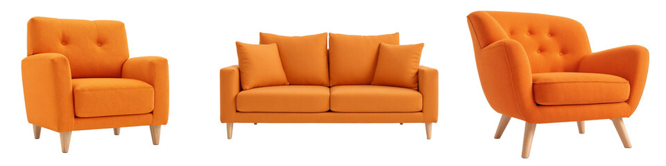 Set of orange cushion sofa, armchair isolated, sofa collection, minimalist interior design concept, generative AI