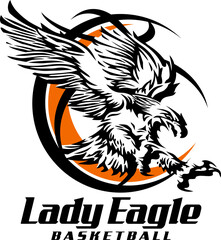 lady eagle basketball team design with mascot inside ball for school, college or league sports