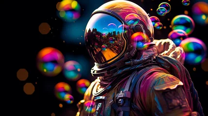 Deurstickers Heelal AI-Generated Astronaut Exploring Vibrant Cosmic Landscape: A Surreal Pop Art Odyssey