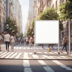 Empty white billboard illustration in a public place with people passing by.Generative AI