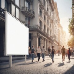 Empty white billboard illustration in a public place with people passing by.Generative AI