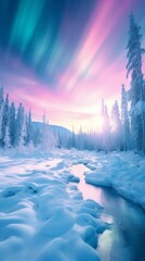 A serene winter landscape: a river flowing through a snow-covered forest