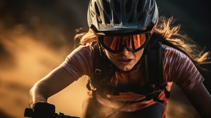 Young woman riding bicycle on mountain trail. Generative AI