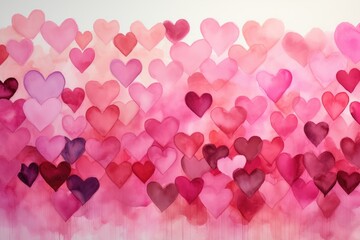 Watercolor hearts of different sizes in pink, purple and lilac colors on a white background