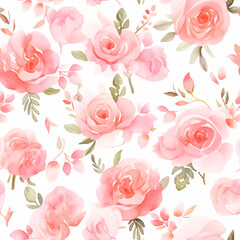 Pink roses, Seamless watercolor floral patterns, with flowers and foliage. Japanese abstract style. Use for wallpapers, backgrounds, packaging design, or web design