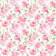 Pink roses, Seamless watercolor floral patterns, with flowers and foliage. Japanese abstract style. Use for wallpapers, backgrounds, packaging design, or web design