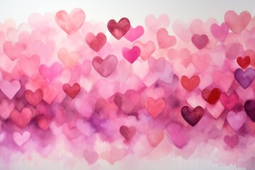 Watercolor hearts of different sizes in pink, purple and lilac colors on a white background