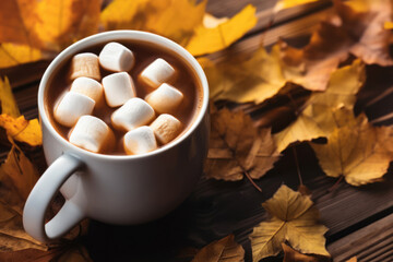 Hot cocoa with marshmallows and maple leaves on a wooden table. Autumn season concept. Warming drink for relaxation, autumn weekend mood. Place for text, copy space. Autumn still life. 