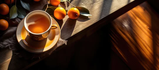 Rolgordijnen Sea buckthorn hot tea. Napkin, oranges and tangerines on the background. Mandarin citrus vitamin tea. A cozy home still life in a rustic style. Vintage cup and saucer, beautiful table setting. Banner. © Екатерина Ракунова