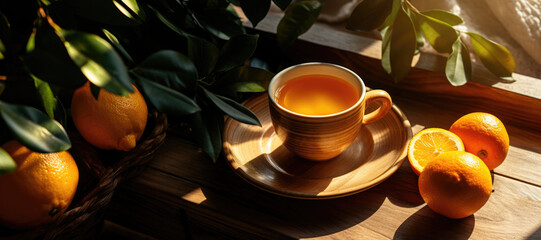 Cup of sea buckthorn hot tea. With fabric, plant, oranges or tangerines on the background. Mandarin citrus vitamin tea on a wooden tray. A cozy home still life in a rustic style. Sunny morning. - obrazy, fototapety, plakaty