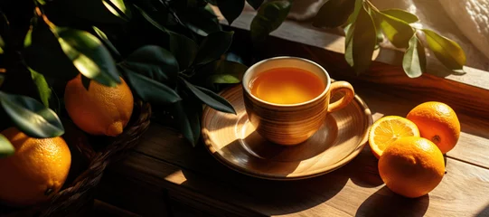 Foto op Plexiglas Cup of sea buckthorn hot tea. With fabric, plant, oranges or tangerines on the background. Mandarin citrus vitamin tea on a wooden tray. A cozy home still life in a rustic style. Sunny morning. © Екатерина Ракунова