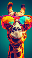 A giraffe wearing sunglasses
