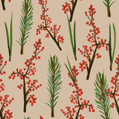 Seamless pattern with coniferous needles, branches of winterberry and Christmas tree. This combination of elements creates a unique composition for Christmas designs, gift packaging, printed products - 645490796