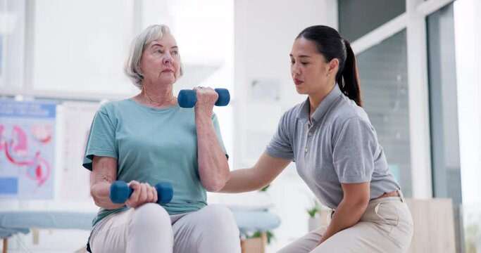 Physiotherapy, chiropractor and old woman with dumbbells, support and healthcare rehabilitation with wellness. Elderly person, physical therapist or senior lady with help, healing and muscle recovery
