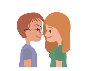 Boy and girl looking at each other romantically. Valentine Day.Blonde couple in love looking at each other affectionately. Flat vector illustration isolated on transparent background.