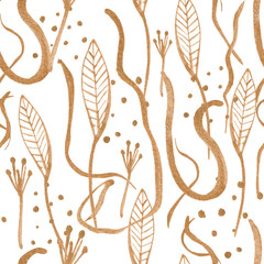 Acrylic seamless pattern of gold leafs flowers lines