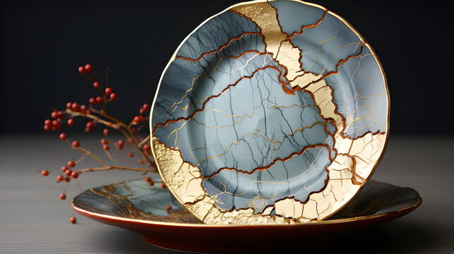 Discover the exquisite beauty of Kintsugi with this captivating image. A Kintsugi plate, meticulously repaired with golden lacquer, showcases the art of embracing imperfections and turning them into s
