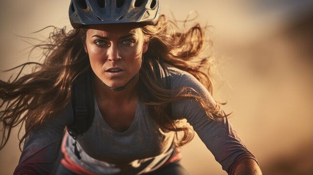 Young woman riding bicycle on mountain trail. Generative AI