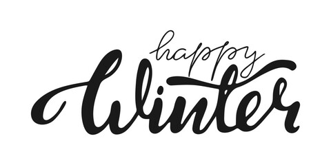 Happy winter handwritten lettering phrase. Inspirational quote. Typography print design. Black hand drawn background. Design element