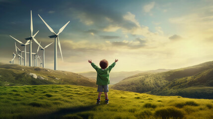 child standing on a green hill and looking at a wind turbines Parc 