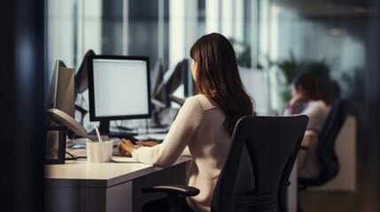 A businesswoman is in front of a computer screen