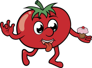 Ilustración vectorial estilo cartoon, tomate rojo goloso comiendo un pastelito.