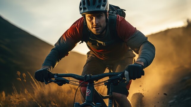 Young man riding bicycle on mountain trail. Generative AI