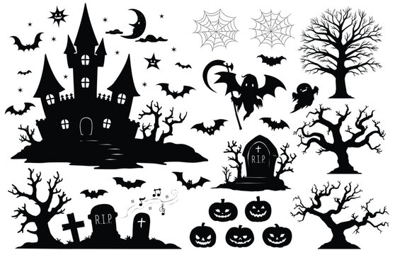 Set of silhouettes in theme of Halloween Day on a white background. Vector illustration