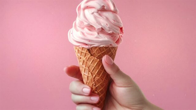 A hand holding an ice cream cone on a pink background. Generative ai
