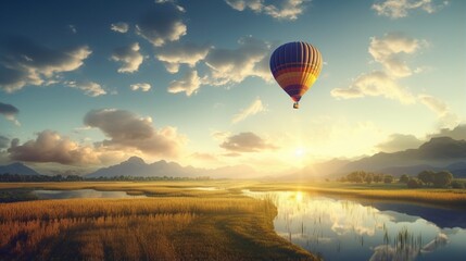 a tranquil image of a hot air balloon floating peacefully near an airport with an airplane taking off in the distance