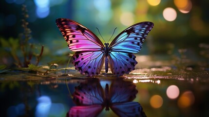 an image of a butterfly with iridescent wings gracefully hovering over a tranquil pond