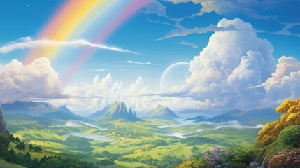 Create a dreamy cloudscape with a rainbow arching gracefully over a rolling countryside